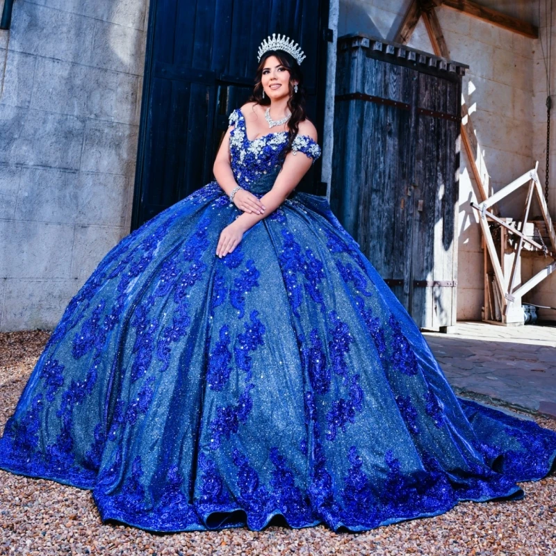 

Royal Blue Shiny Quinceanera Dresses Off The Shoulder Applique Lace Beading Crystal Bow Party Birthday Sweet 16 Dress Vestidos