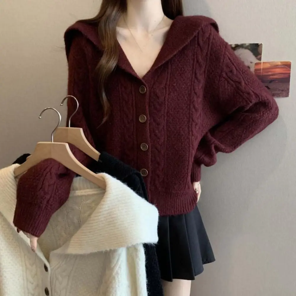 

Casual Flip Collar Grid Crochet Sweater Long Sleeve Loose Cardigans Women Y2K Autumn Spring Preppy Style Sweet Knitwear Women