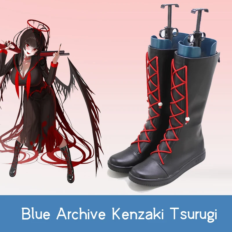 

New! Kenzaki Tsurugi Cosplay red rope strappy Shoes Game Blue Archive cool elegant Black customize Mid-calf boots