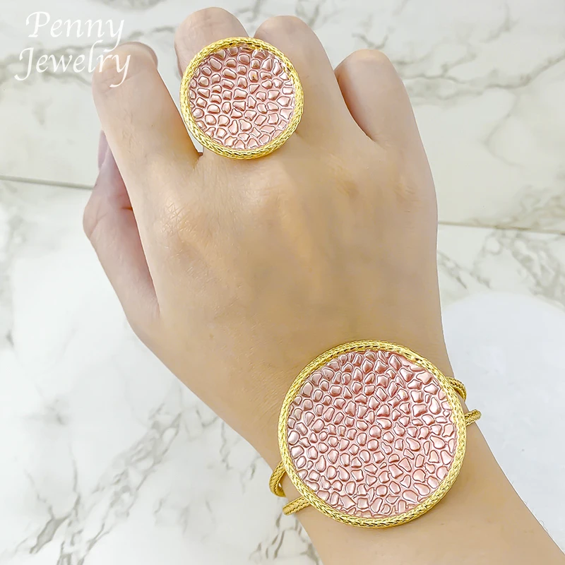 Colorful Round Textured Choker Collar Necklace Earrings Bracelet Ring 18K Gold Plated 4Pcs Jewelry Set Bridal Wedding Party Gift