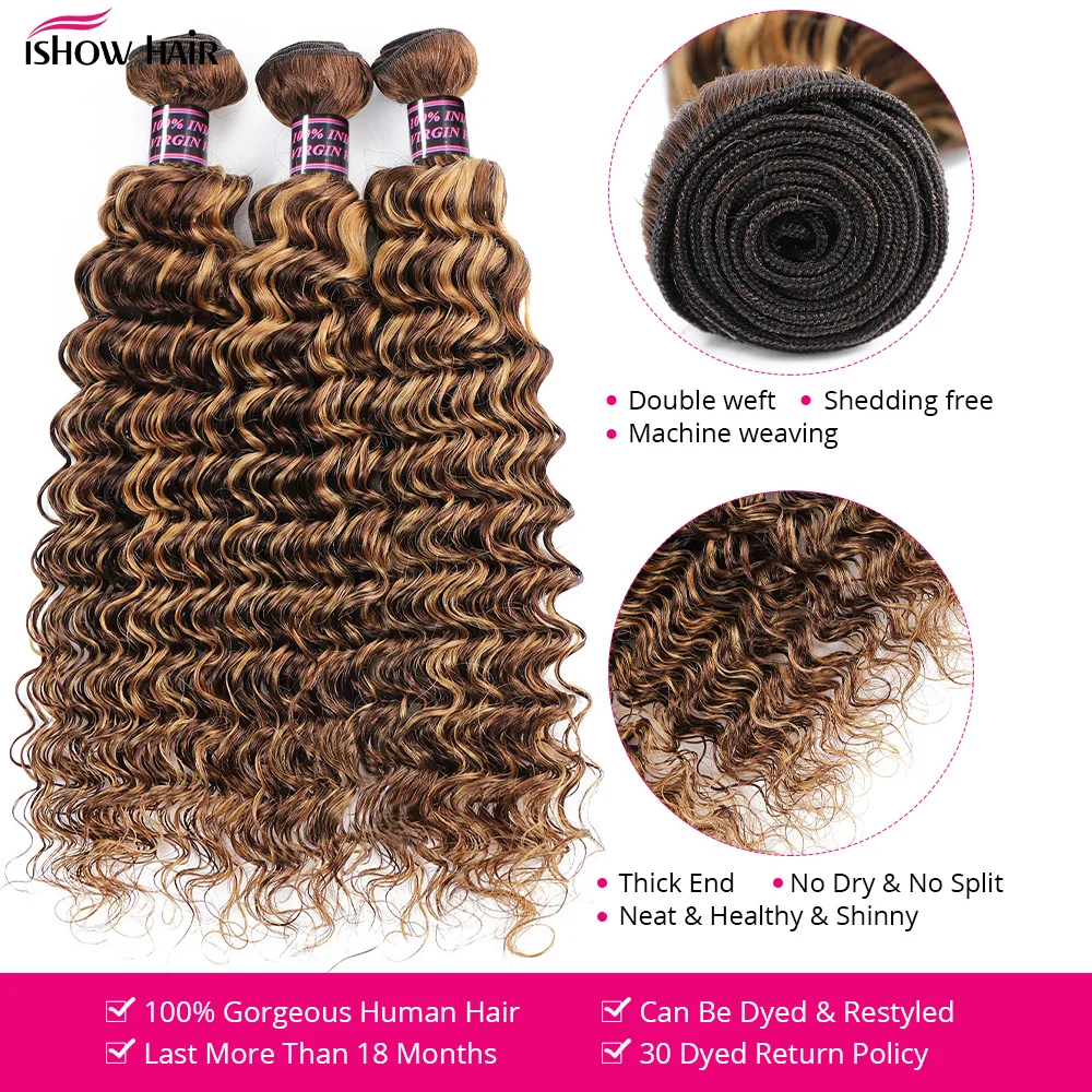 Ishow Highlight Deep Wave Bundles P4/27 Ombre Brown Human Hair Bundles 1/3/4 PCS Brazilian Remy Human Hair Extensions For Women