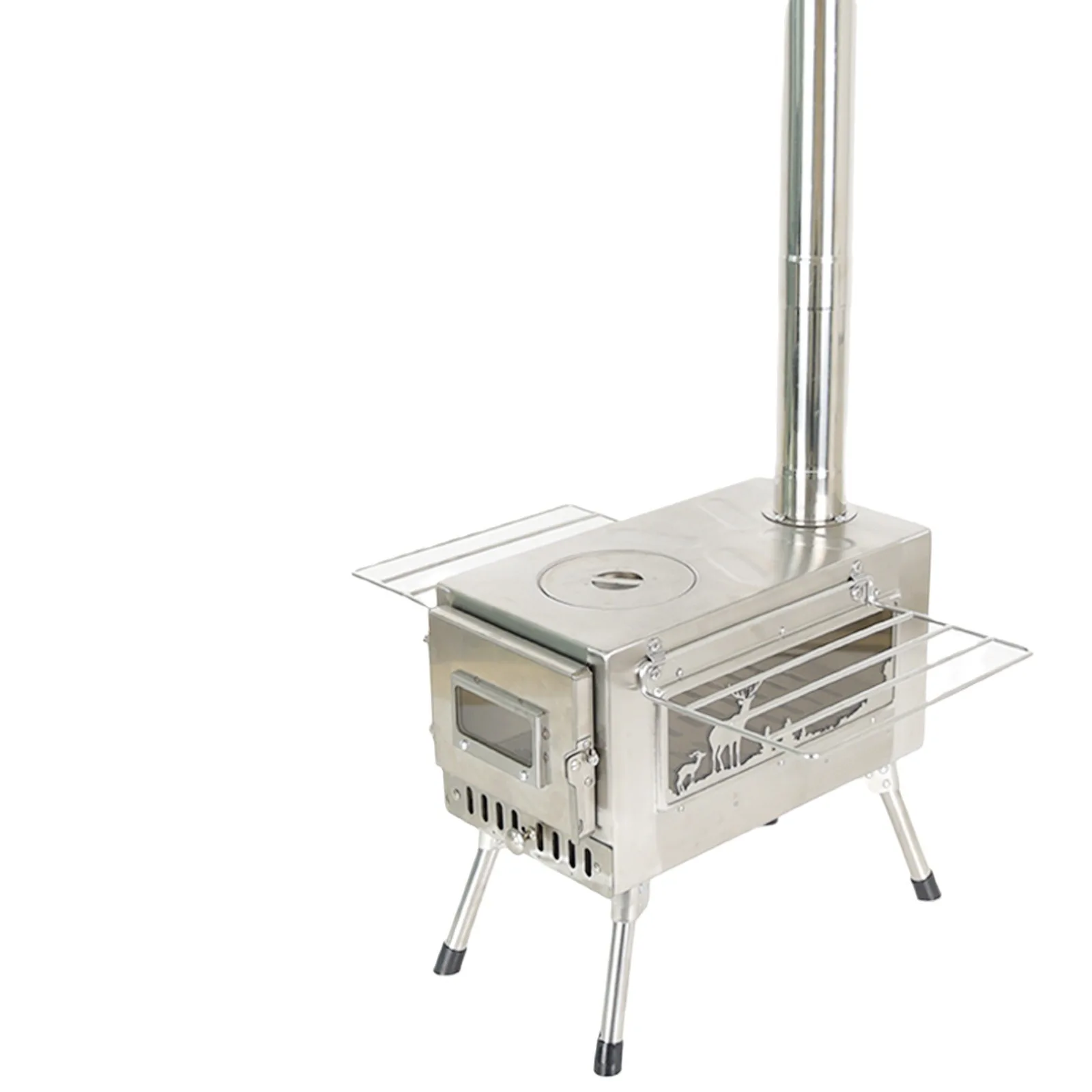 

Outdoor Camping Multi-functional Tent Stove Stainless Steel Firewoo d Stove Side Vie w Window Camping Firewood