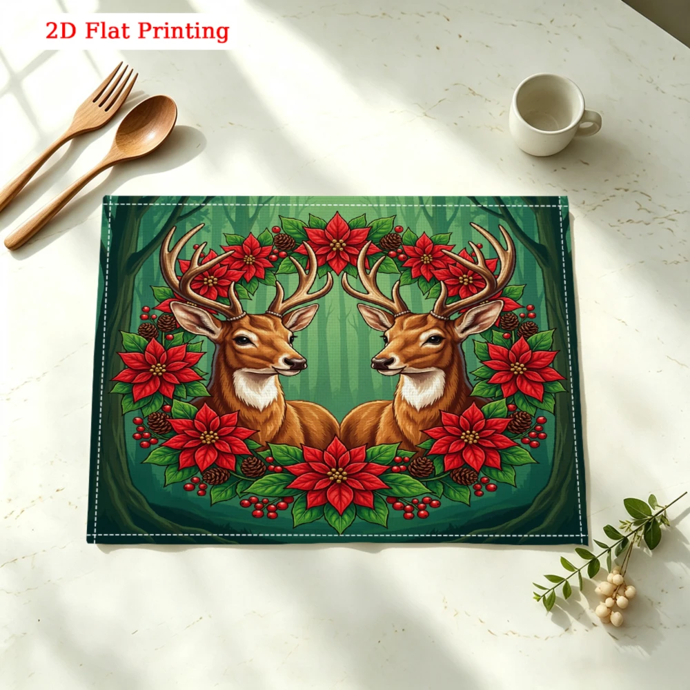 Two Deer With Red Poinsettias Kitchen Placemat Coaster Linen Pad Dish Coffee Cup Table Mat 30x40cm Home Decor