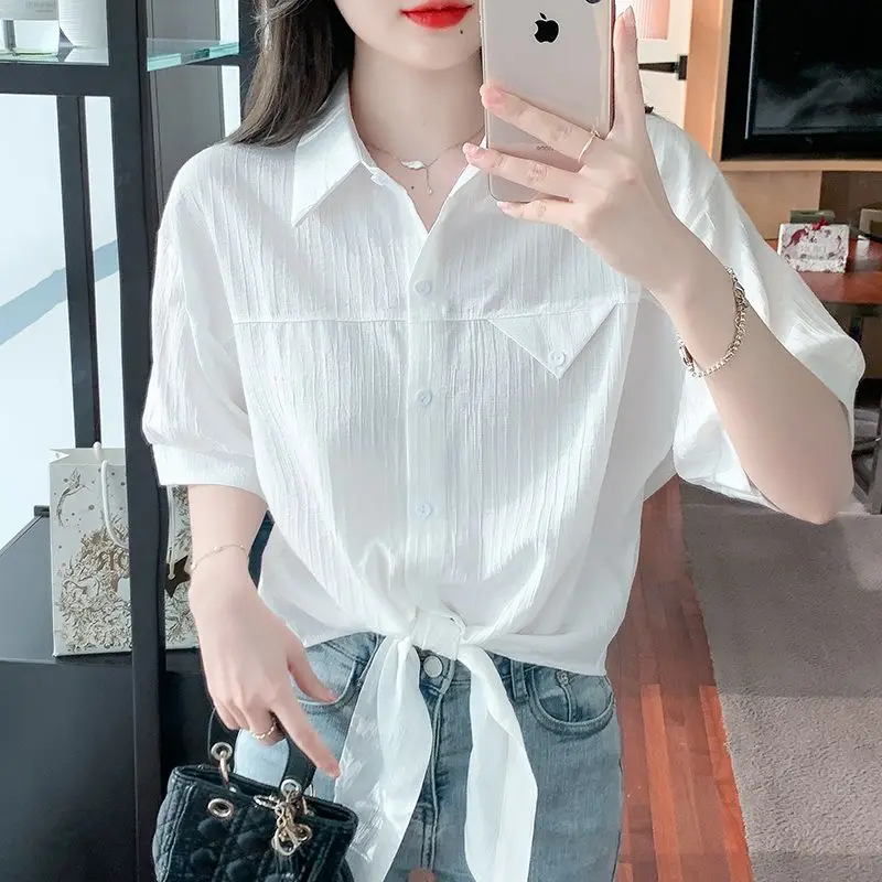 

Chiffon Shirt For Women 2025 New Summer Loose Versatile High-end Cardigan Solid Color Neck Short-sleeved Top