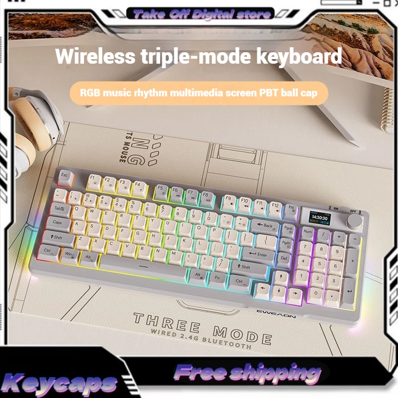 V98 Wireless Dual-Mode Silent Game Office Keyboard 98-Key Layout Multimedia Knob Rgb Lighting Pbt Ball Cap Long Battery Life