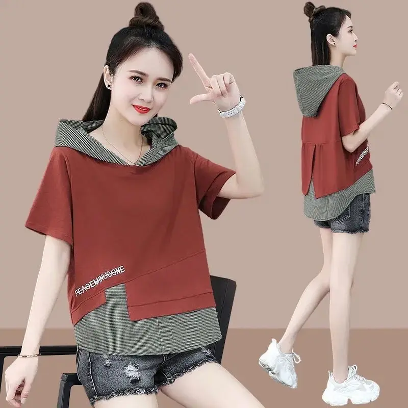 

Loose Fit Cotton Hoodie T-Shirt Women's Summer New Style Plaid Splice Casual Sweatshirt Fake Two-Piece Design Short Sleeve