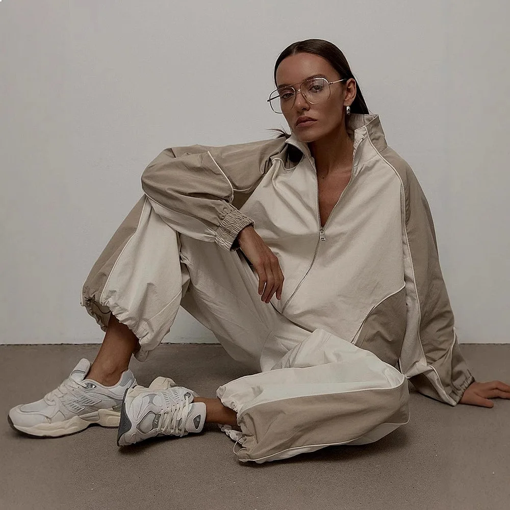 Casual Matching Set Women Sport Jacket Pants Tracksuit Colorblock Drawstring Two Piece Set Jumpsuit Playsuit
