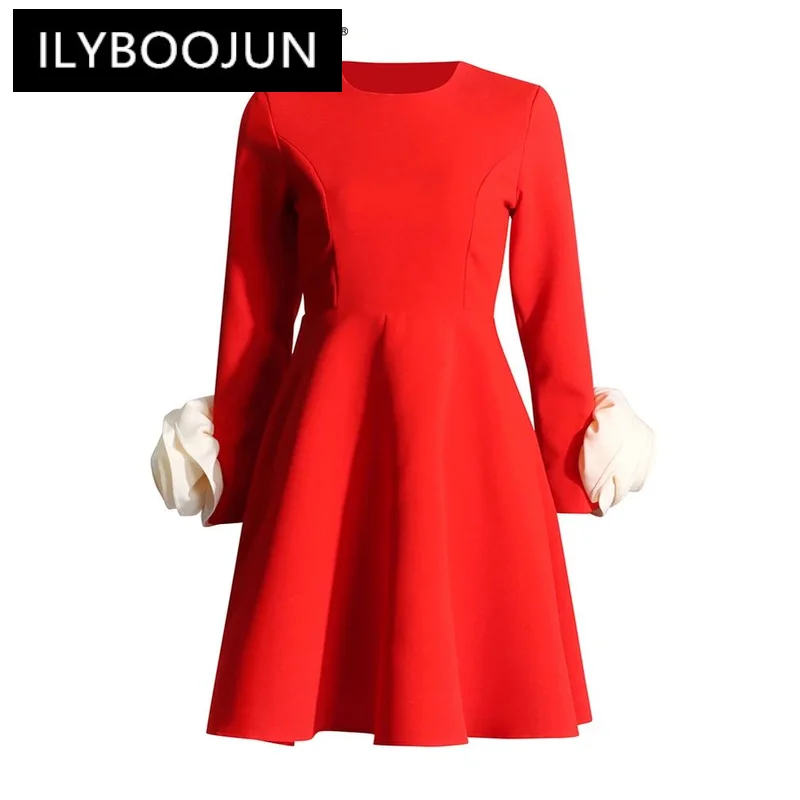 

ILYBOOJUN Hit Color Temperament Dresses For Women O Neck Long Sleeve High Waist Patchwork Appliques Dress Female Fashion New