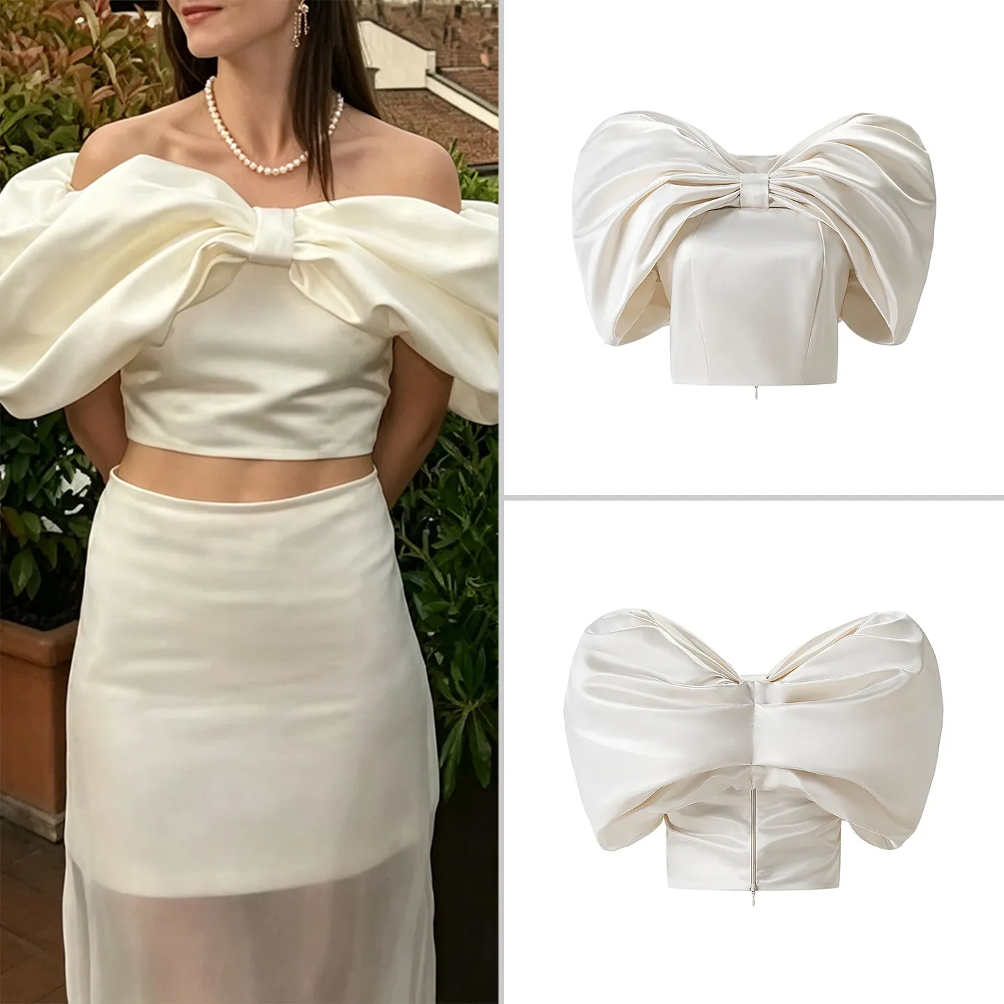 Sweet Style Women's Zipper Crop Top Shoulder Bared  Knot Design Fashionable Chinese Brand ZADATA Slim Fit Short Length