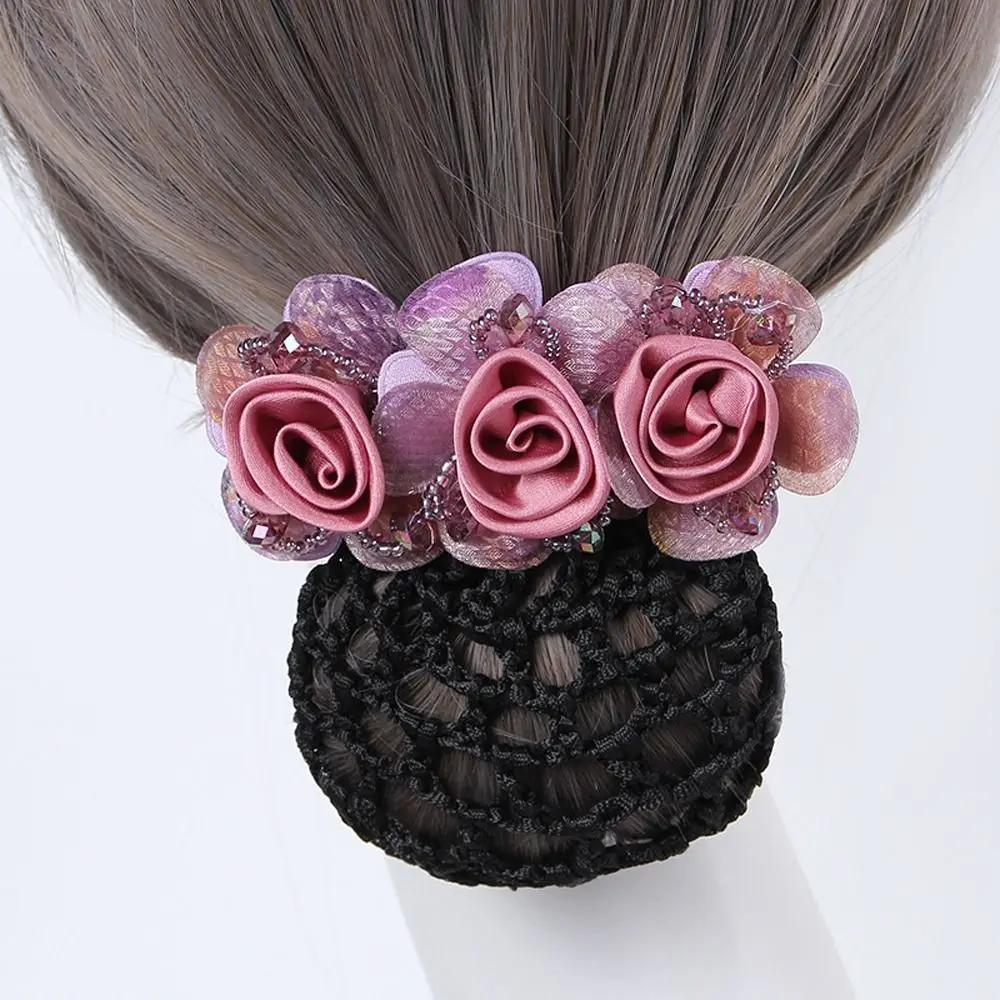 For Flight Attendant Beaded For Nurses Spring Clip Mesh Floral Flower Bun Snood Women Bun Net Crystal Hairnet Cover Zircon