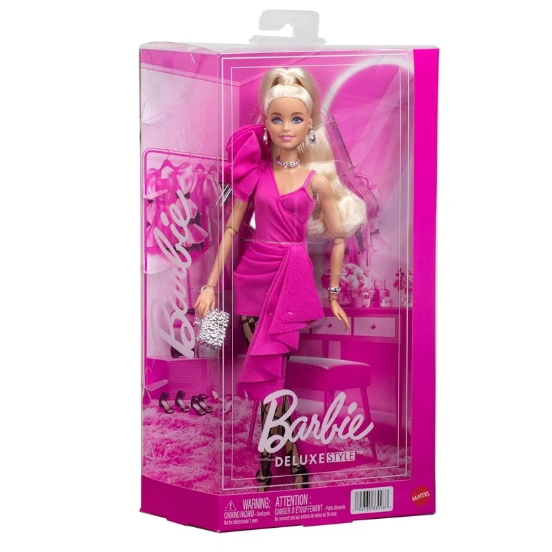 Boneca Articulada Barbie Estilo Deluxe 1/6, Vestido Barbiecore Rosa Choque, Rabo de Cavalo Alto Loiro, Meia-calça Preta de Renda, Acessório de Moda para Brinquedo