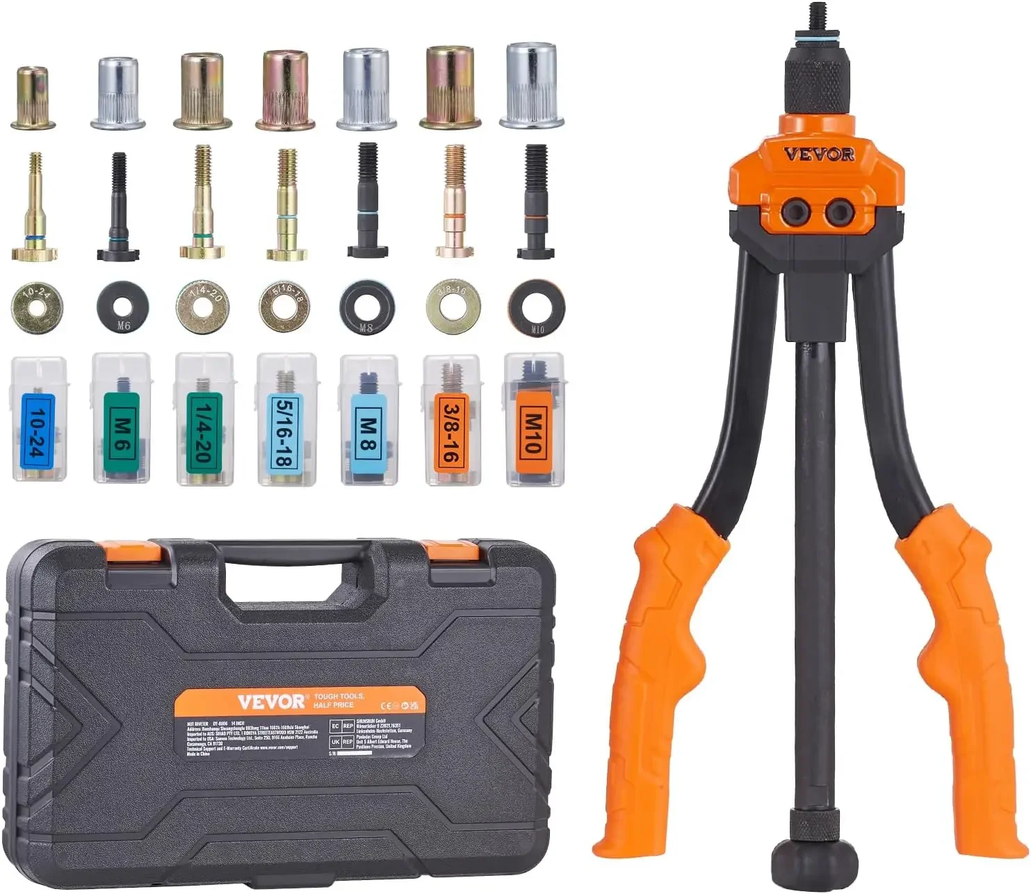 14” Rivnut Tool Kit with 7 PCS Metric and SAE Mandrels, 70 PCS Assorted Rivet Nuts, 10-24, 1/4-20, M6, 5/16-18, M8, 3/8-16, M10