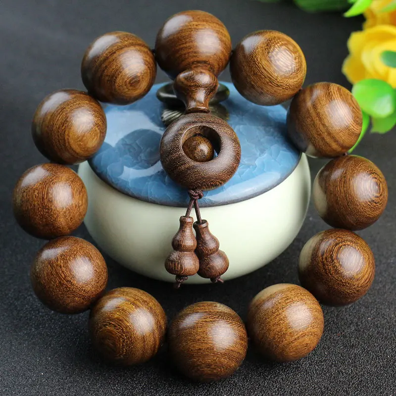 Sandalwood Buddhist , a collectible item resembling golden nanmu wood, unisex bracelet with fortune beads