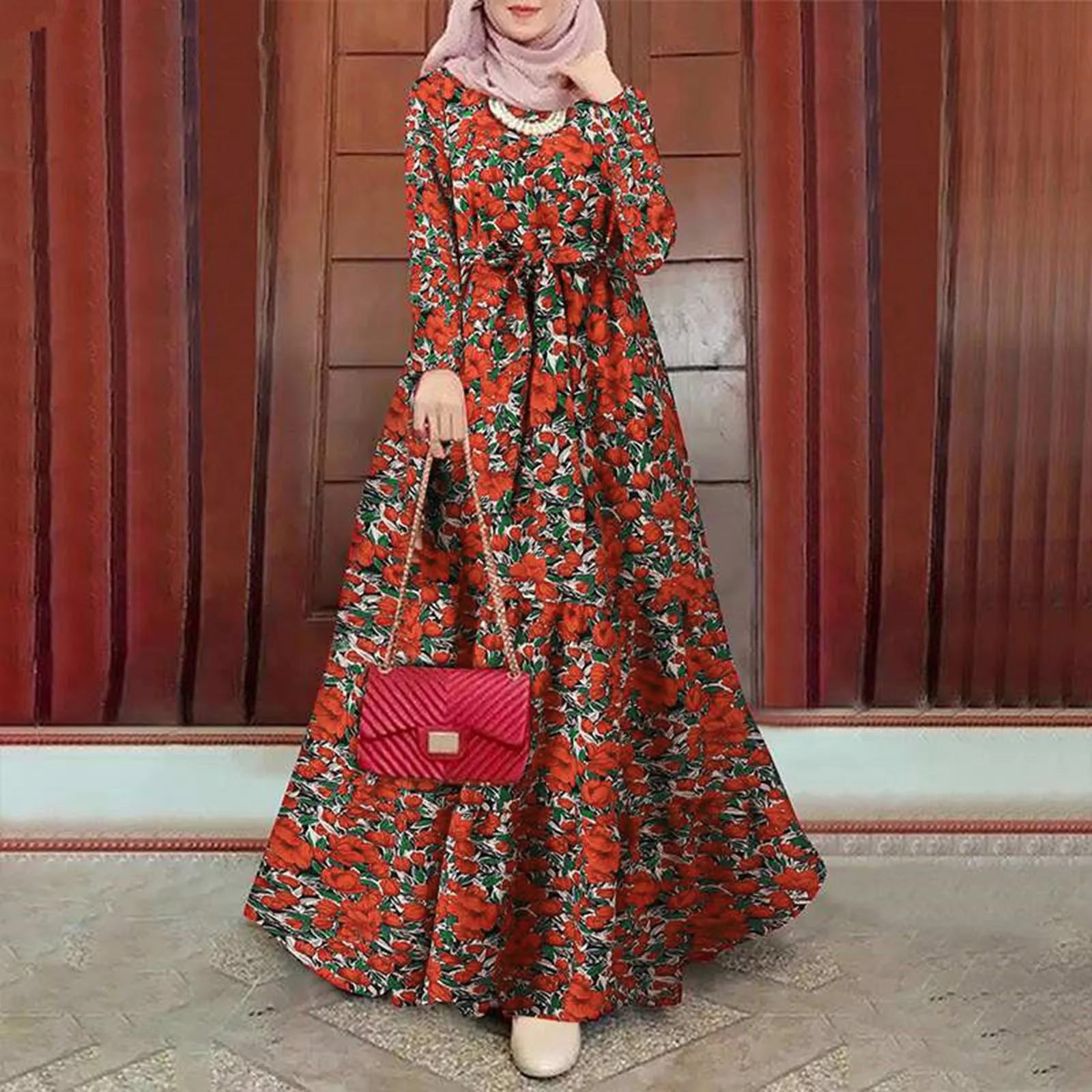 

Women Vintage Muslim Dress Printed Sundress Long Sleeve Loose Long Dress Fashion Aesthetic Temperament Long Skirt Casual Dresses