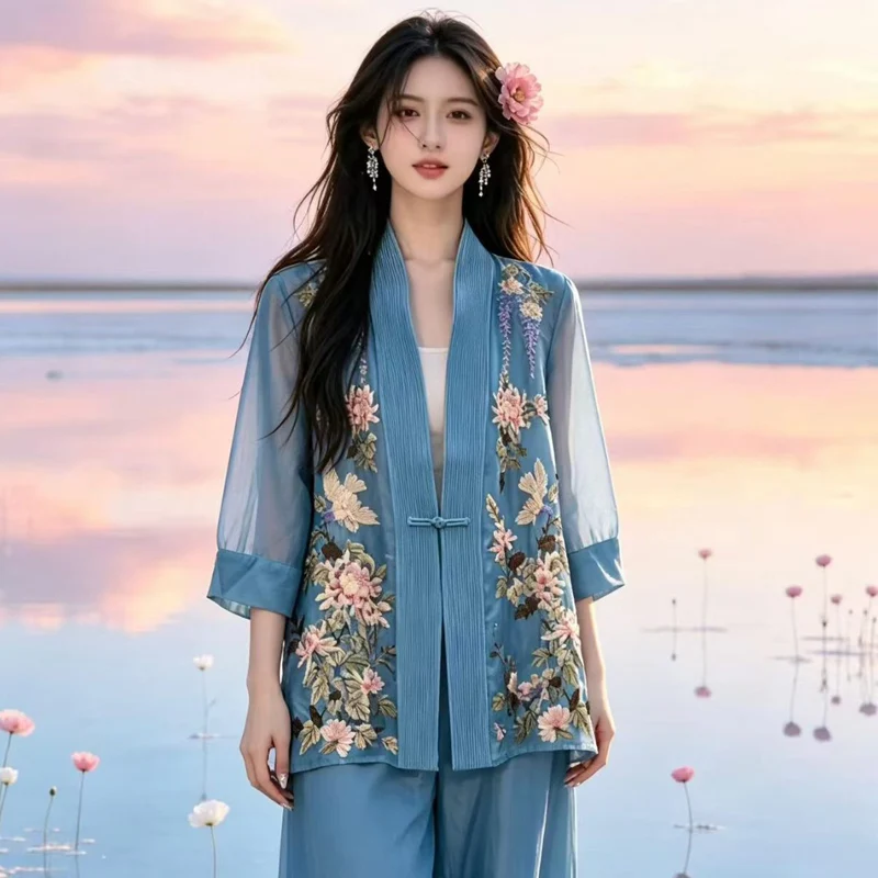 Spring and Autumn New V-neck Seven Quarter Sleeve Silk Organza Fabric Embroidered Single Button Design Women's Jacket M-XXL