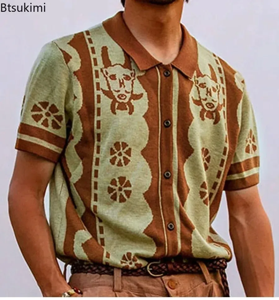 

Summer Men's Knitted Jacquard Polo Shirt Fashion Vintage Striped Short Sleeve Lapel T-shirt Man Streetwear Business Casual Tops