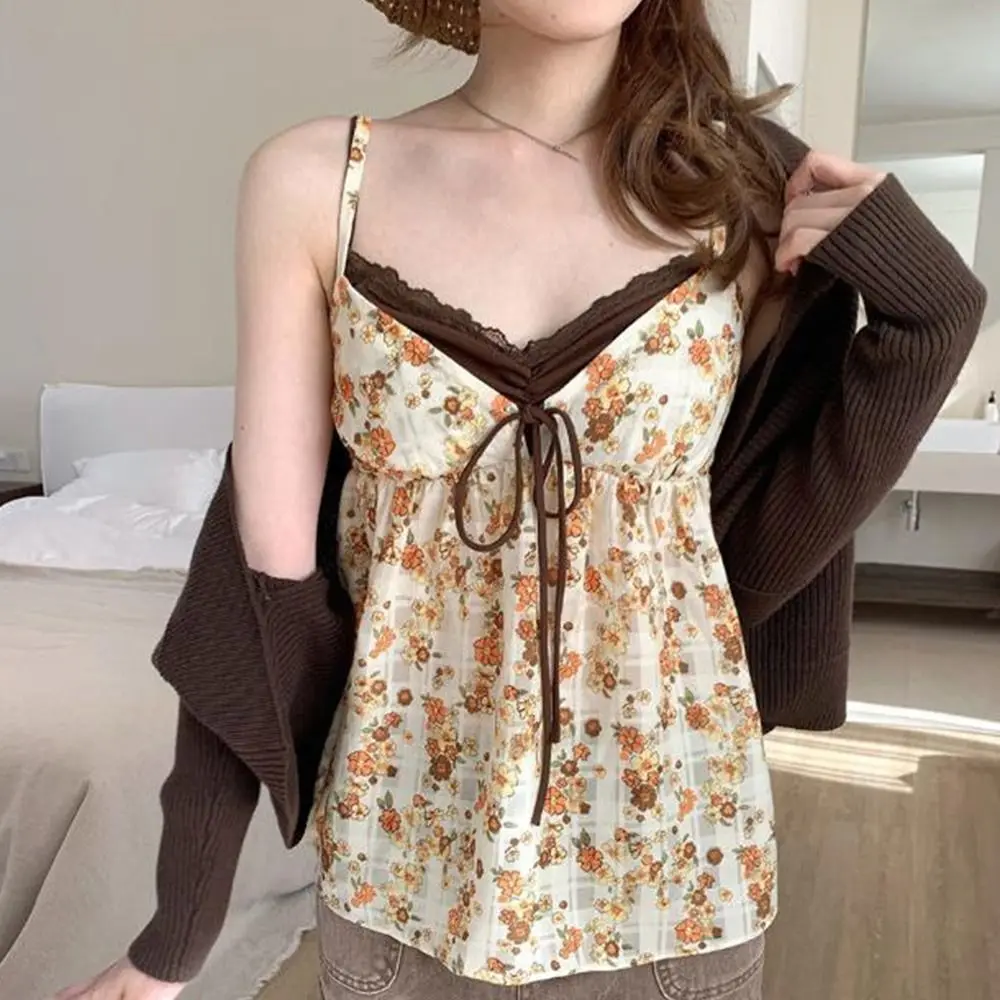 New Floral Pattern Floral Camisole Lace Trim Backless Lace Cami Top Strap Vest Women's Summer Outfits