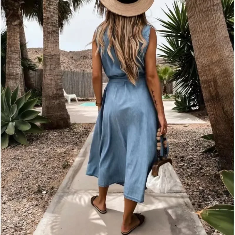 2023 Summer Denim Dress Women Turn Down Collar senza maniche Casual allentato monopetto camicia Dress