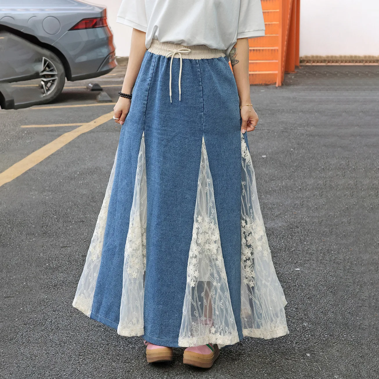 

American Vintage Fashion Women's Lace Casual Trendy A-line Ankle Length Casual Trendy Spliced Jean Skirts Female Denim Clothes
