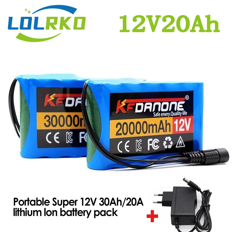 18650 12V 30000mah 3s2p Capacity DC 12.6v 30Ah 20Ah Portable Rechargeable Li-ion Battery for fishing lights+ Charger