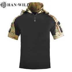 HAN WILD Hooded T-Shirt Tactical Shirt Summer Outdoor Combat T Shirt Men Clothing Hiking CS Hunting Camouflage Climbing Shirts