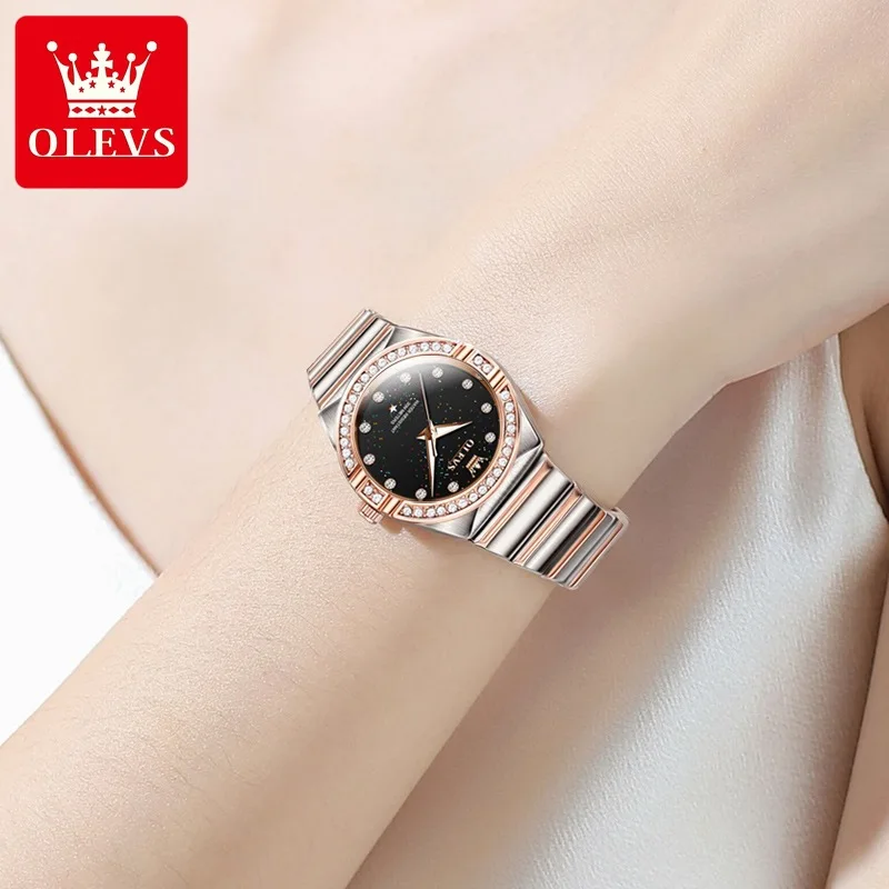 OLEVS 9975 Luxury Constellation Quartz Watch For Women Diamond Dial Stainless Steel Ladies Hand Clock Waterproof Luminous Watch