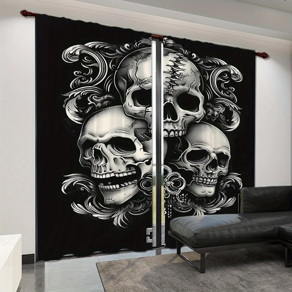 2PCS Digital Print Curtains, Gothic Skull Pattern, Gothic Dark