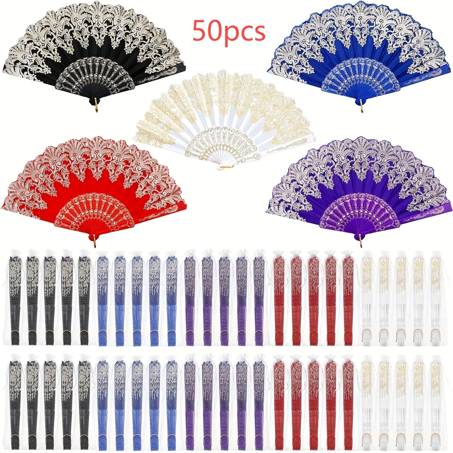 50pcs Chinese Folding Hand Fan Bulk for Line Dancing, Colorful Clacking Silk Fabric Fans for Popping, Wedding, Church, Halloween