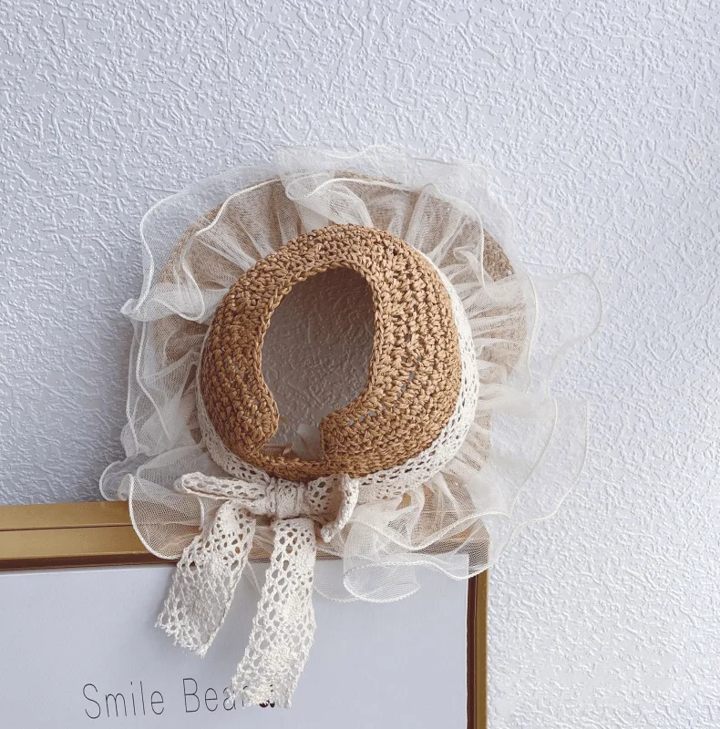 Korea Baby Girls Lace Straw Hat Cute Bow Princess Children Panama Caps Sun Protection Caps Kids Visor Hat Child Beach Cap