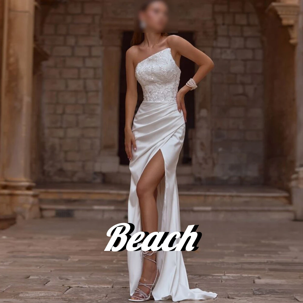 Beach Strapless Sleeveless Side Silt Lace up Back Sweep Train Floor Length Backless Empire 