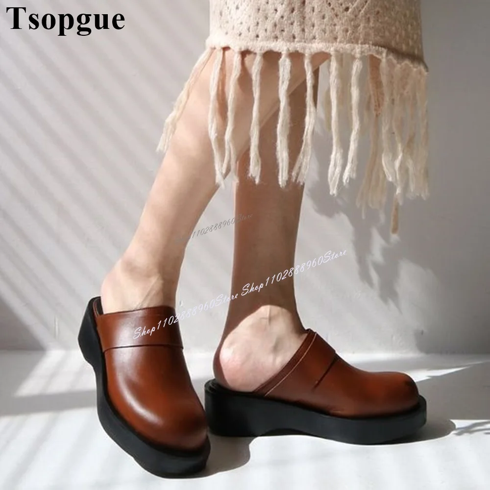 

Thick Soled Brown Matte Leather Casual Half Slippers Cut Heel Flat With Women Shoes Round Toe 2024 Fashion Zapatos Para Mujere