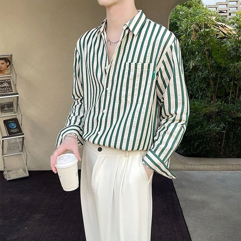 Men's Loose Striped Shirt Spring Summer Thin Long Sleeve Casual Korean Style Color Block Draping Top