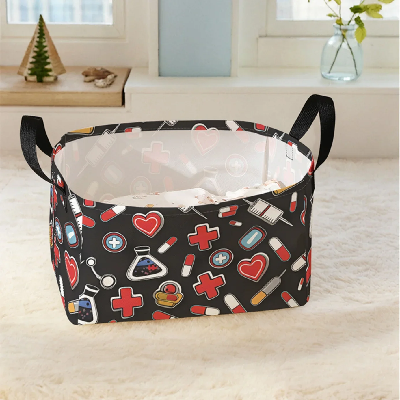 Medical Element Print Fabric Storage Basket with Handles, Foldable Organizer Bin for Home Bedroom