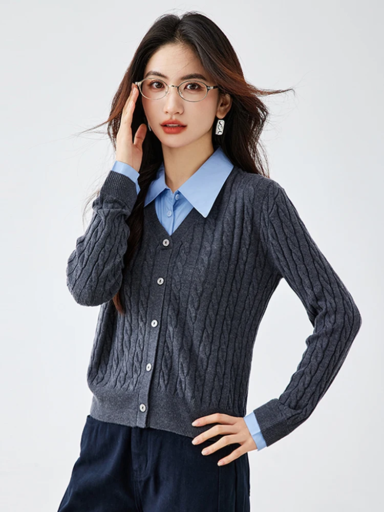 

Новый женский вязаный кардиган-свитер в стиле College Sle с эффектом двухслойности и воротником-твист, осень-зима