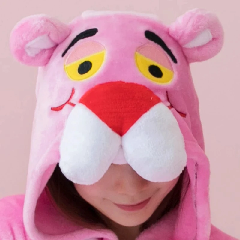 Anime Cartoon Pink Panther One-Piece Hooded Plush Pajamas Y2K Cute Pink Panther Anime Long-Sleeved Naughty Leopard Home Wear Set