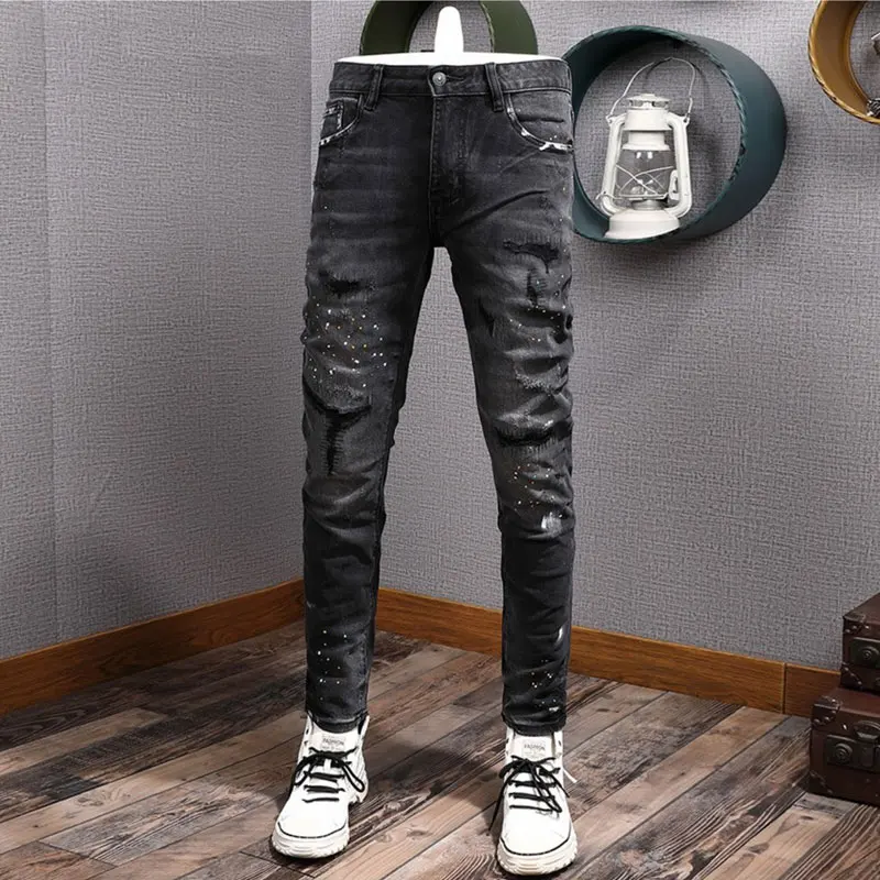 Men Black Washed Denim Jeans, Stretch Slim Fit Distressed Paint Splatter Tapered Pants, Hip‑Hop High Street Casual Long Jeans