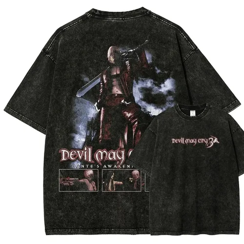 Devil May Cry 3: Camiseta con gráfico lavado vintage del despertar de Dante: diseño de doble cara con arte del personaje de Dante y título del juego