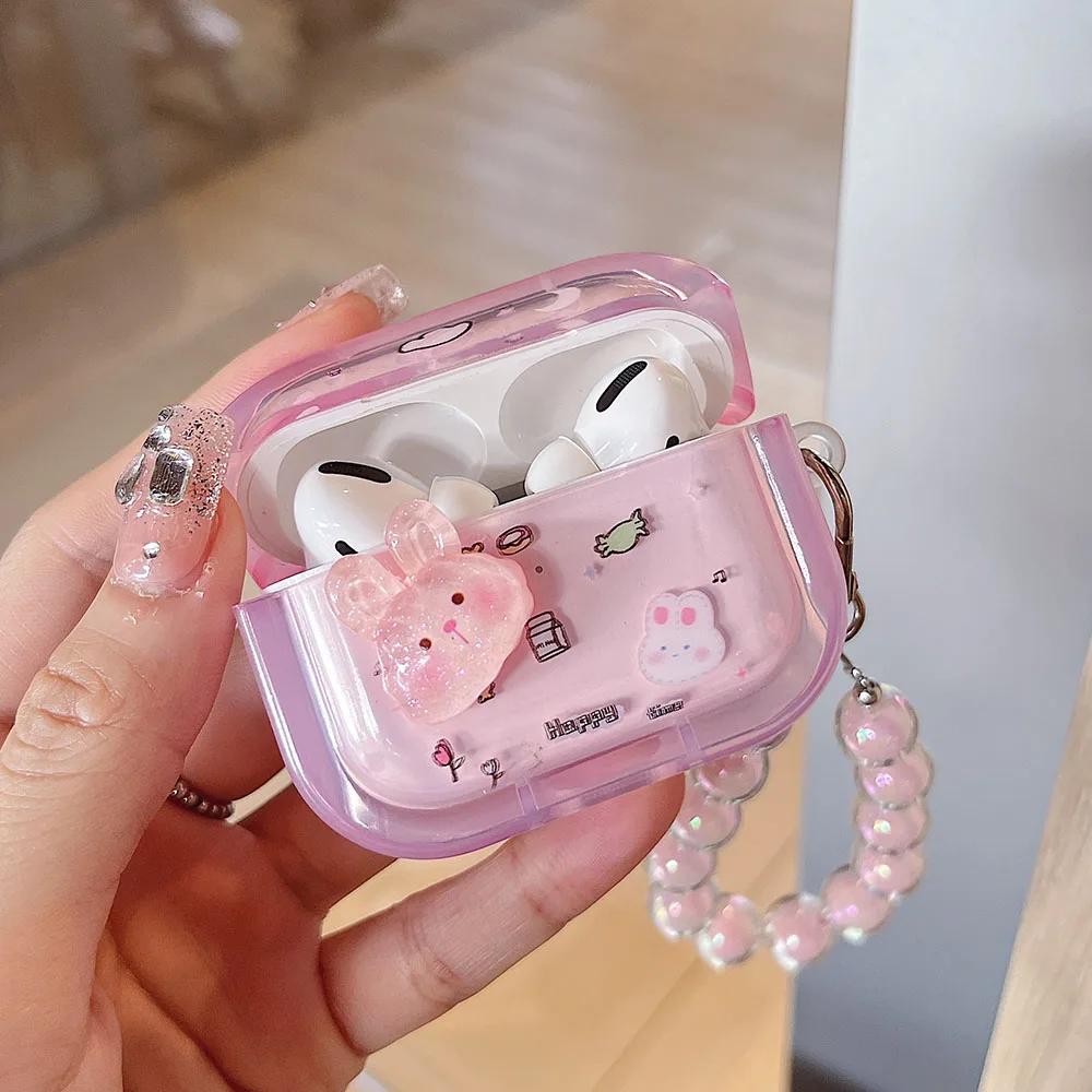 INS 3D Pink Rabbit Girl Headset Case For AirPods Pro 2 3 New 1 Cute Cartoon Happy Earphone Protective Cover with Bracelet Chain