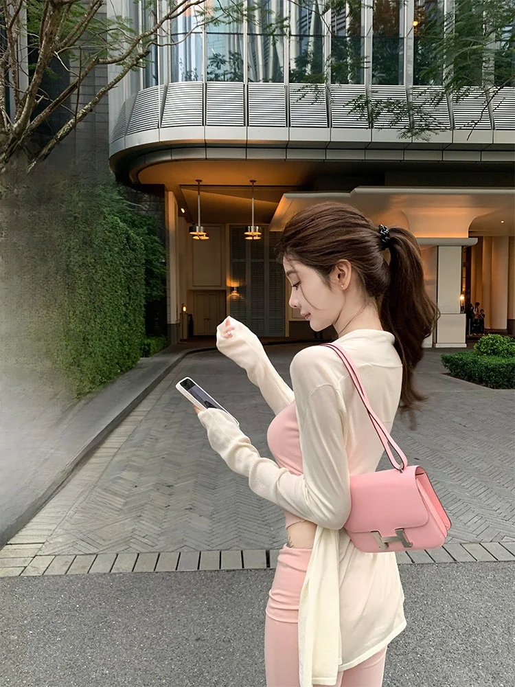 

Korean Ruchia Beige Long Sve Knitted Open Cardigan Women Summer Breathable Loose Lazy Mid-Length Outerwear Sunscree...