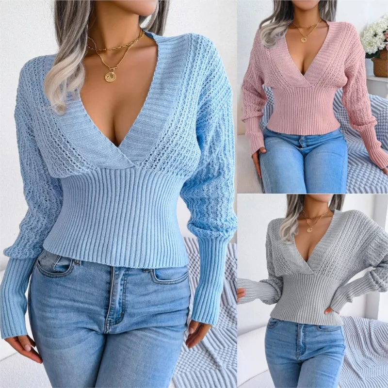 Women\'s Autumn Winter Hollow Out Knitted Blue Pink Sexy V-neck Long Sleeve Sweater Top Elegant Slim Solid Knitted Pullover Tops