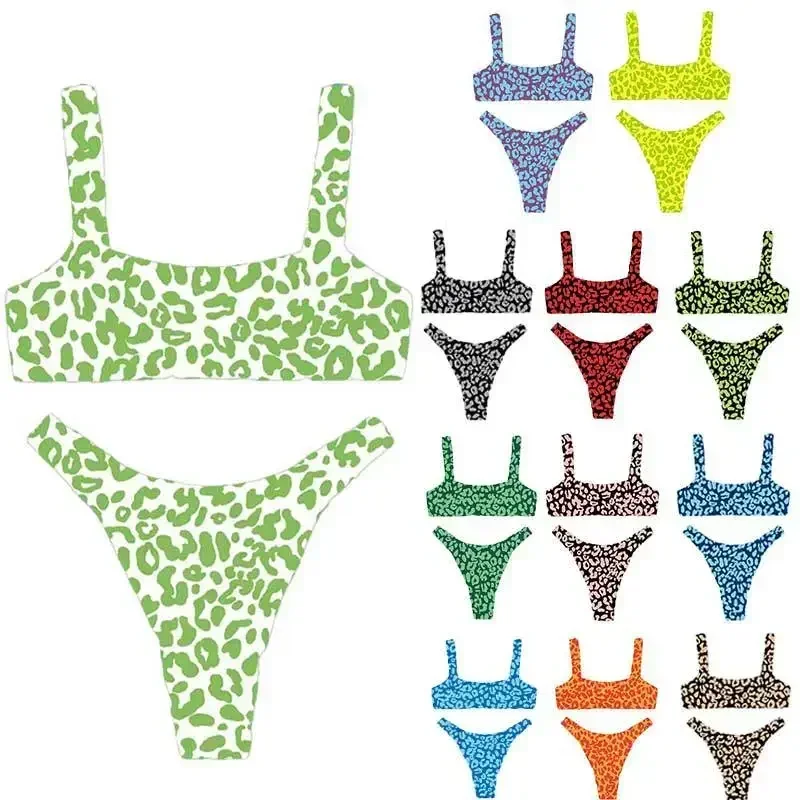 Microbikini de 2 piezas para mujer, traje de baño con estampado de leopardo, traje de baño de cintura alta, traje de baño Multicolor con tirantes para playa Y203 2024