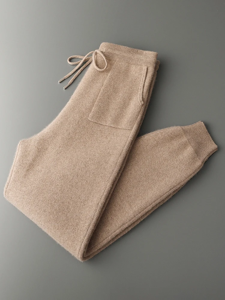 Men Cashmere Pencil Pants Casual Patch Pocket Autumn Winter Thick Shrink Feet Trousers 100% Cashmere Knitted Elastic Waist Pants