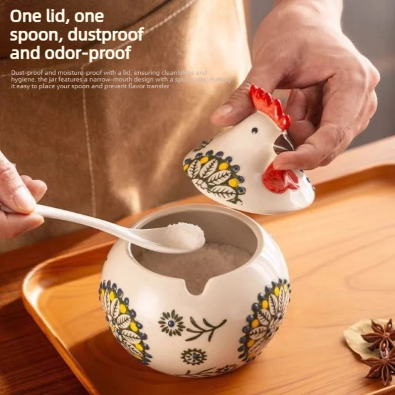 Chick‑shaped Ceramic Seasoning Jar Moisture‑proof Salt Chili Container With Lid And Spoon High‑end Kitchen Spice Box