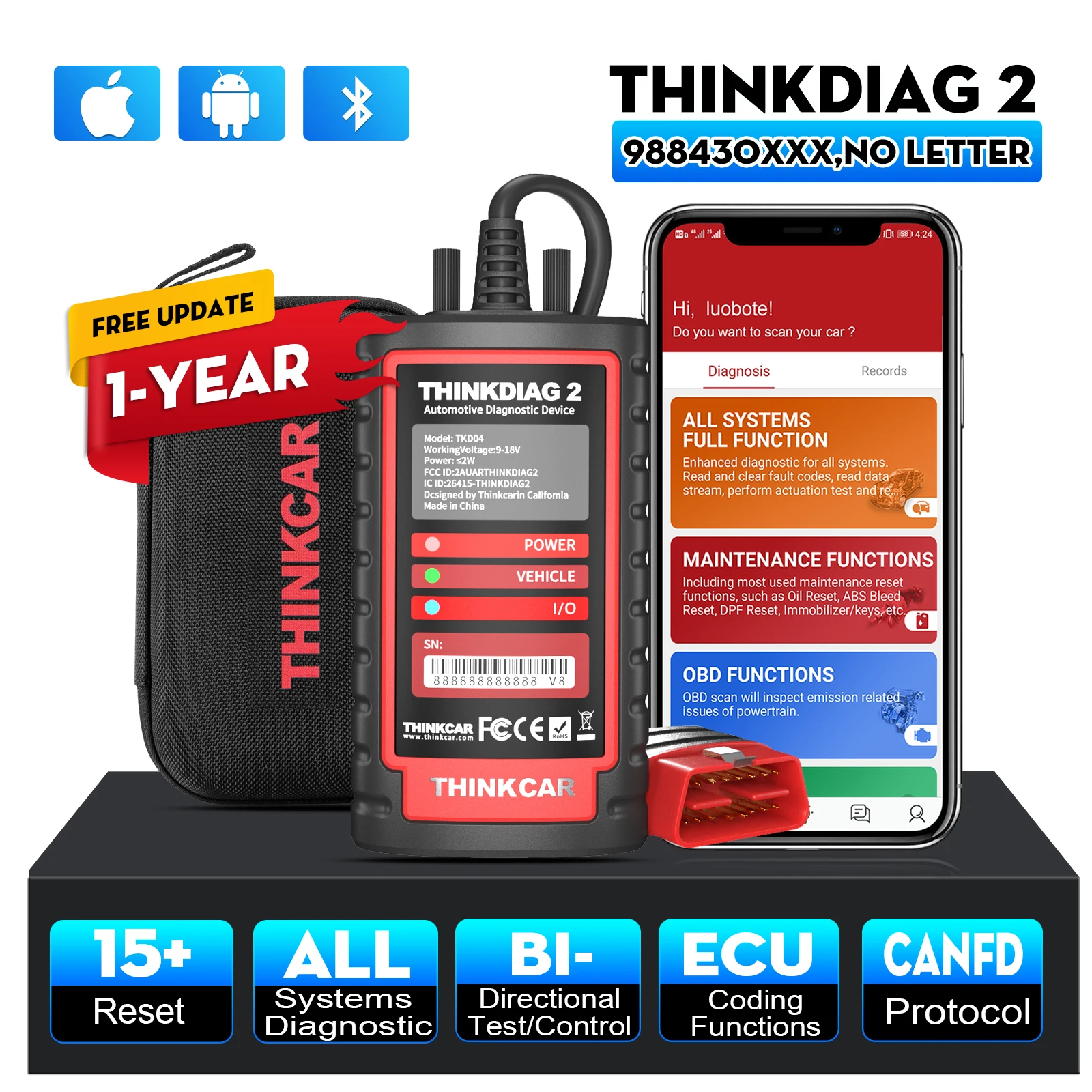 Thinkdiag 2 Ediag plus obd2 diagnostic tools add CAN FD protocol ECU coding Active test 15 Reset Service All system OBD2 scanner