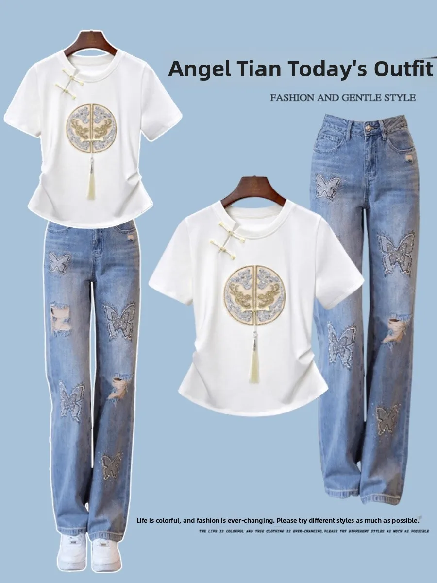Summer Faion Embroidered ort Sve Slim Fit Jeans Set Anti-Aging Trendy Top Loose Diamond Decorated Two-Piece Suit