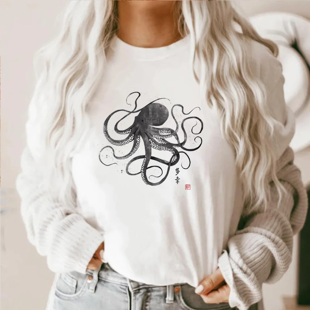 Octopus Japanese Calligraphy T Shirt Gyotaku Traditional Art Writing Ukiyo-e Japan Kawaii Print Yoga Womens Girls Printed Tee