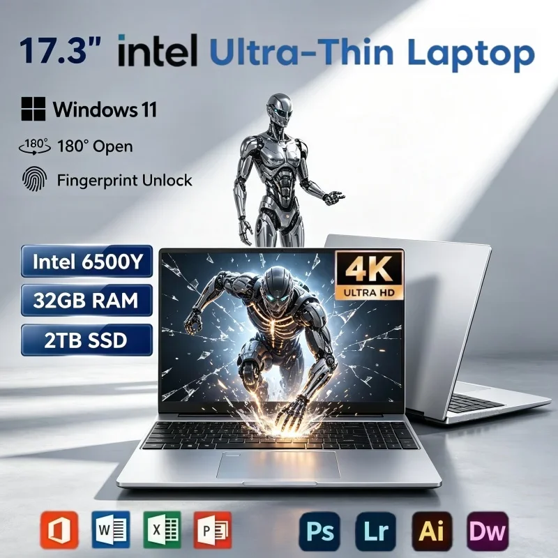17.3" Laptop PC With Intel 6500Y Windows11 32GB RAM 2TB SSD Fingerprint Unlock Large Notebook For Online Meeting And Leisure Use