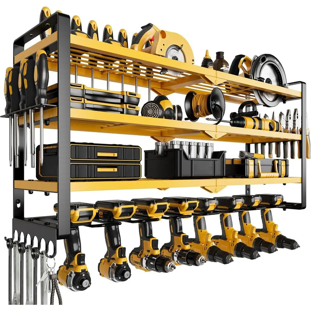 

Органайзер для электроинструментов настенный, 4-уровневый, для гаража, с 8 держателями для дрелей, полка для инструментов, универсальная полка для гаража