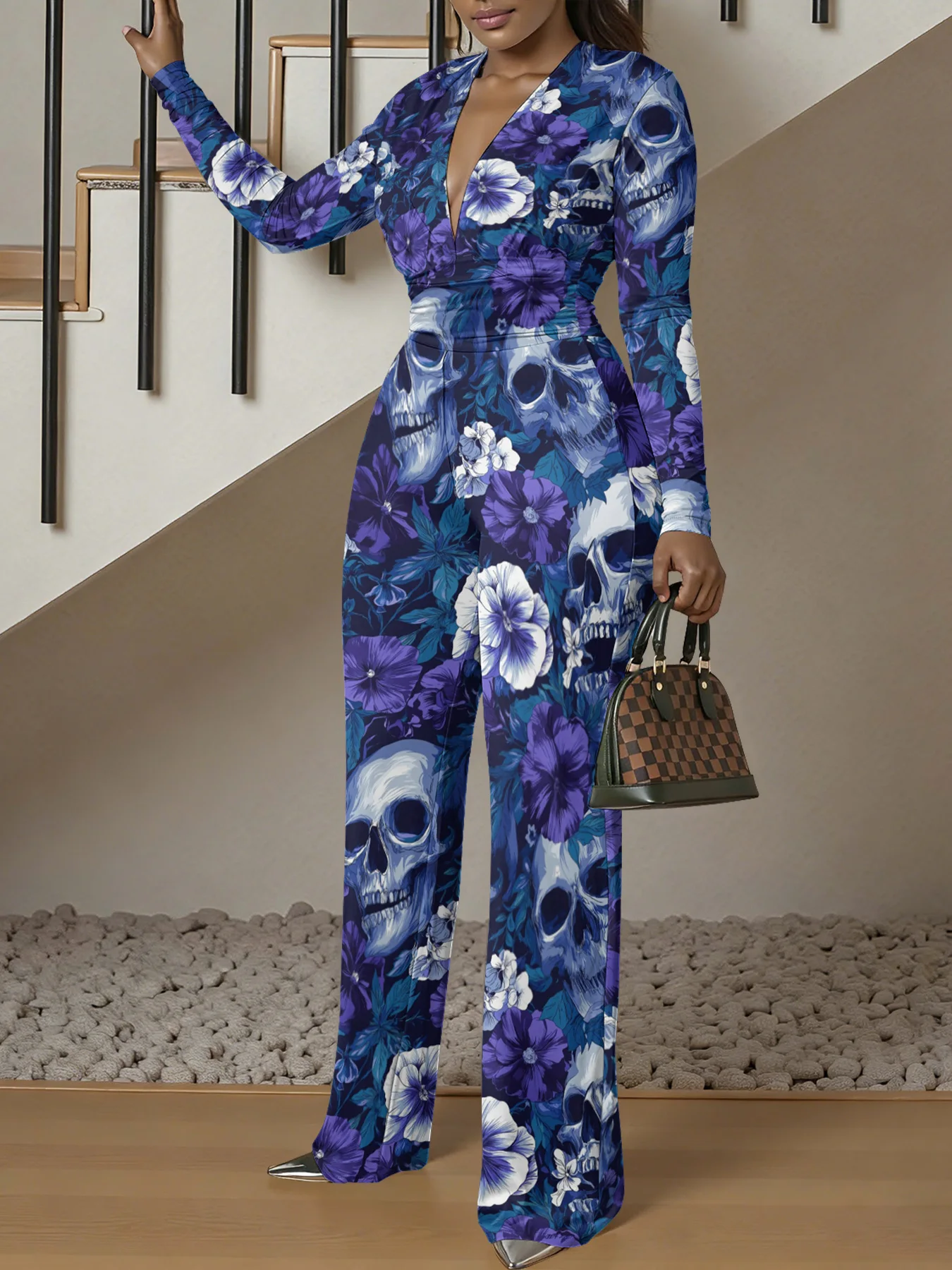 Macacão justo de manga comprida com decote em V, ideal para o outono, feminino, elástico, peça única, para a primavera, roupa de rua de luxo, para fes
