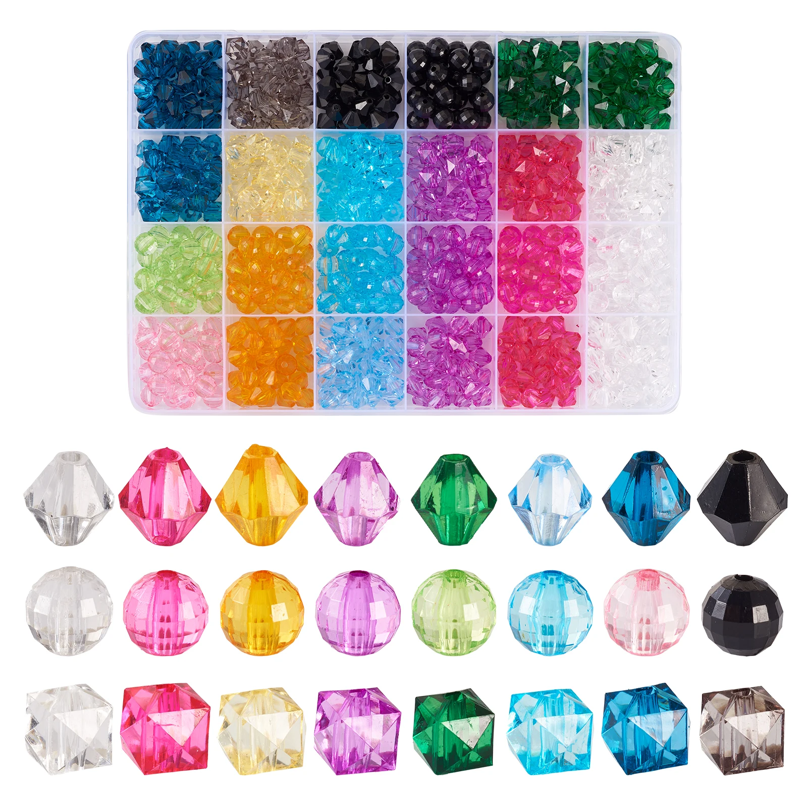 

640Pcs Transparent Acrylic Spacer Beads Mixed Faceted Bicone Round Cube Loose Beads For Jewelry Making DIY Bracelet Accessories